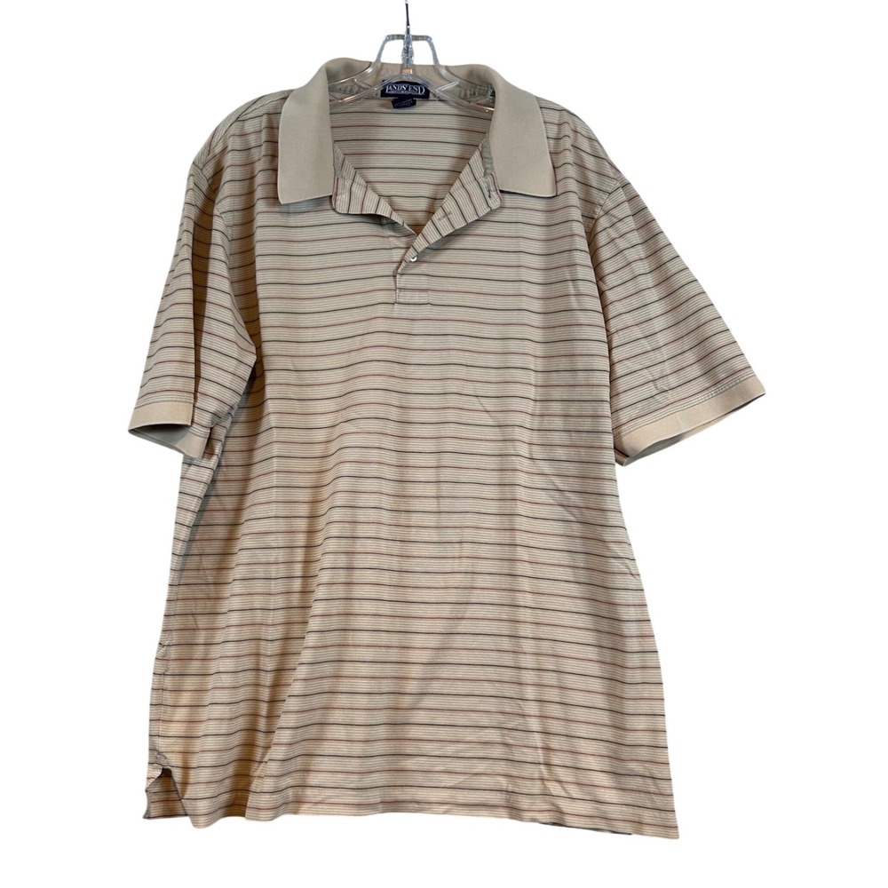Lands End Mens XL Regular Tan Striped Short Sleeve Pique Polo Shirt 46-48 Preppy